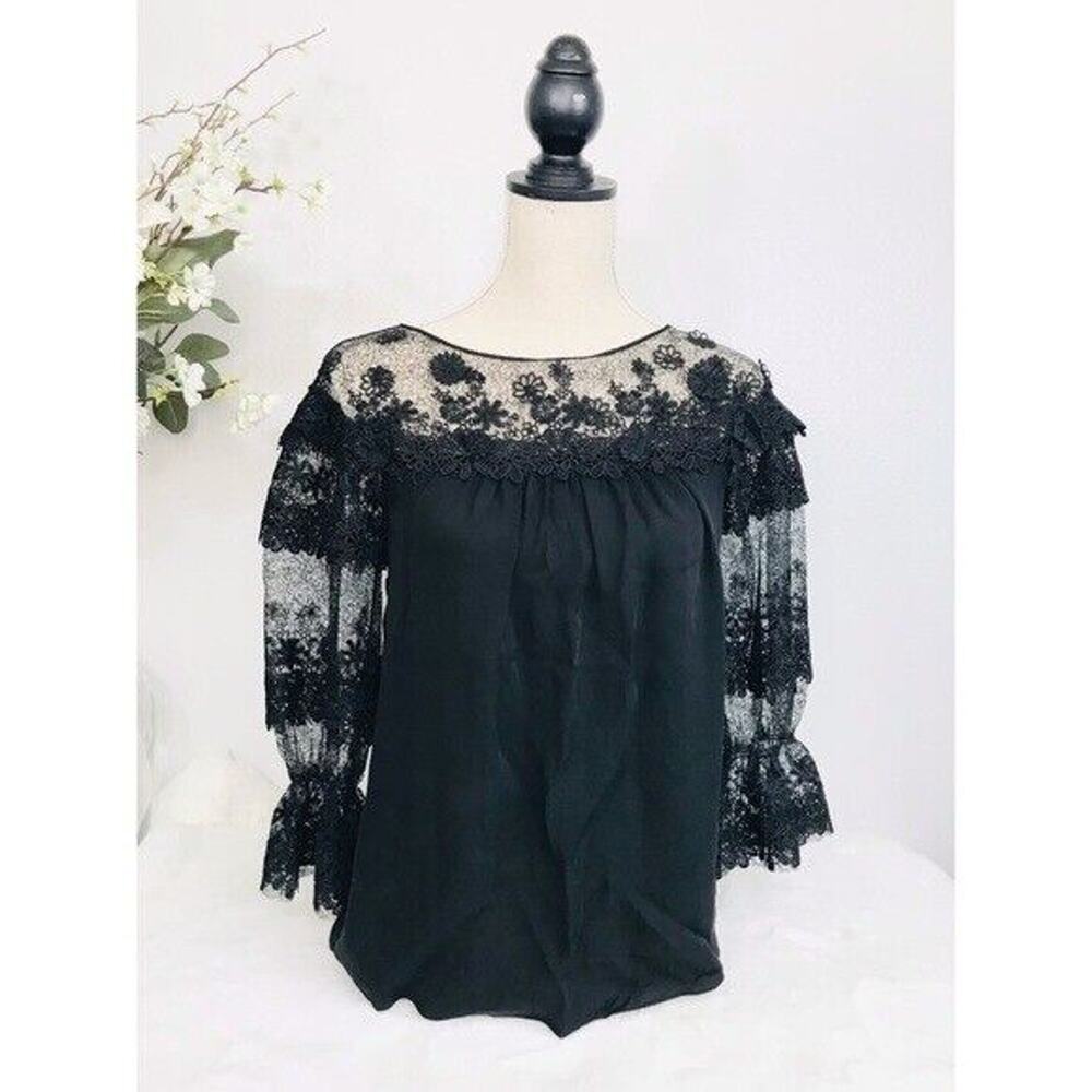 Elie Tahari Silk Top Neila Size XS Black Lace Floral Tiered Popover‎ Blouse NWT